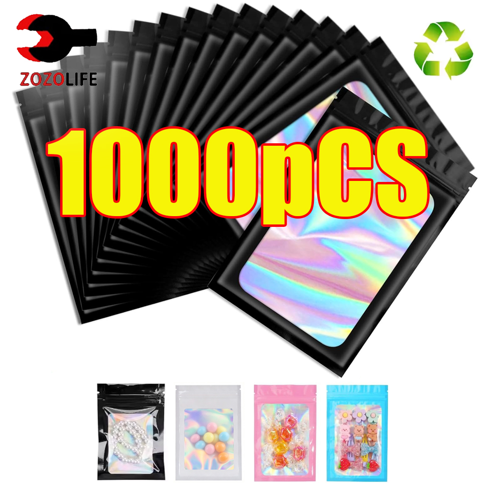 Food Or Snacks - 10-1000Pcs Holographic Ziplock Bag Black Plastic